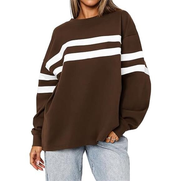Womens Fall Fashion Striped Oversized Sweatshirt - Crewneck Long Sleeve Casual - Picture 2 of 7